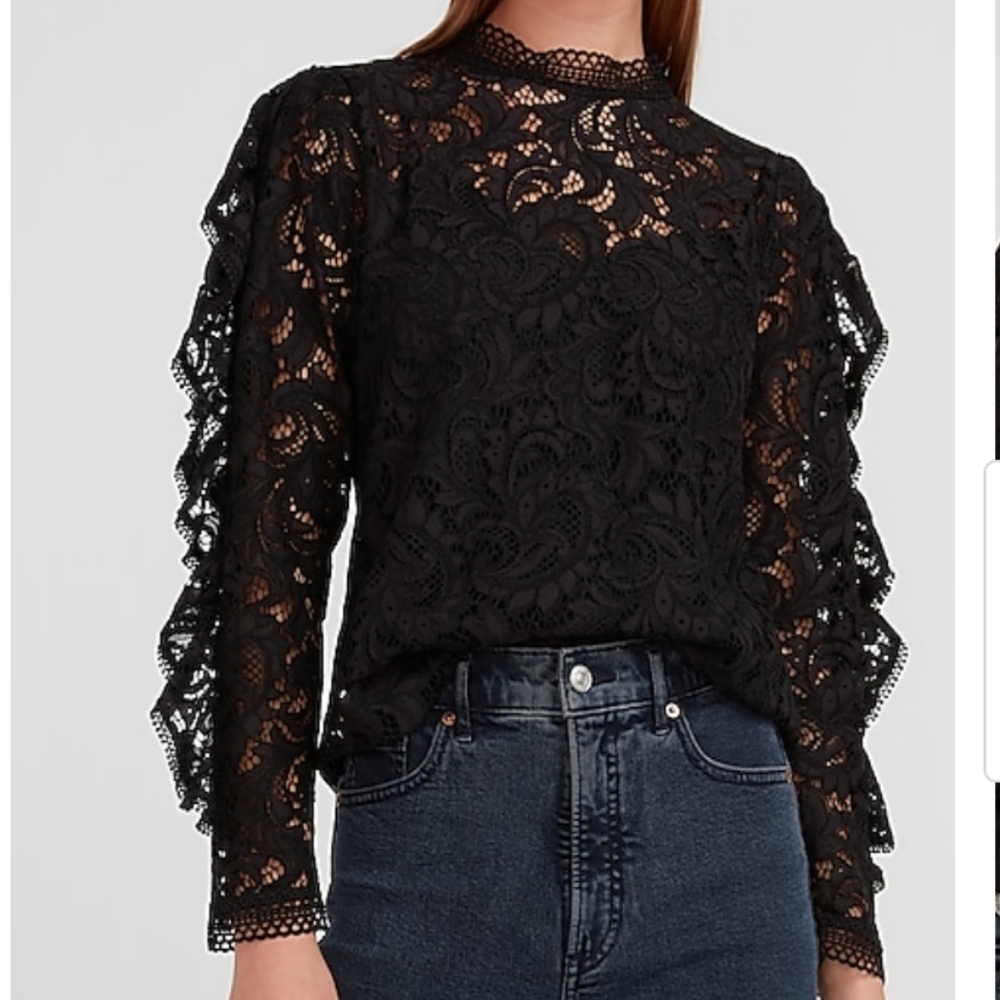 Express Lace Mock Neck Ruffle Sleeve Top